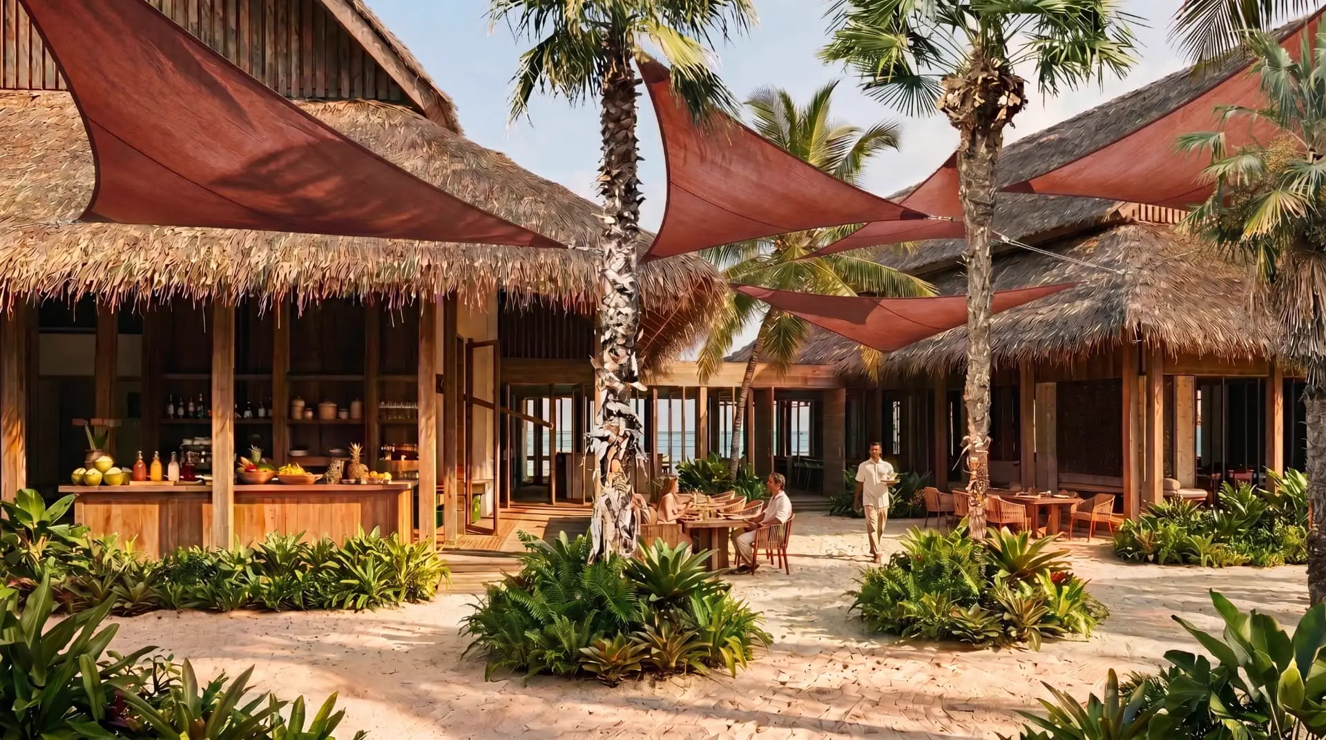 All-day dining village with thatched pavilions on the sand